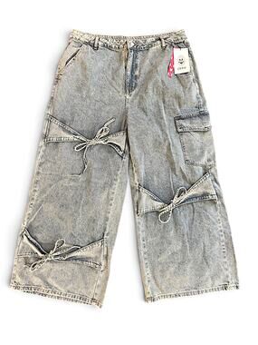 NWT Cider Denim Wide Leg Cargo Jeans Bow Tie Acid Wash Baggy 1X